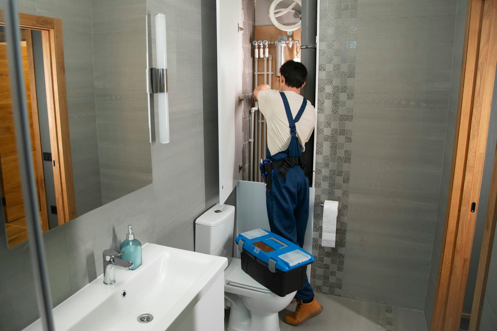 A technician replacing supply lines behind a bathroom access panel